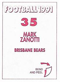 1991 Select AFL Stickers #35 Mark Zanotti Back